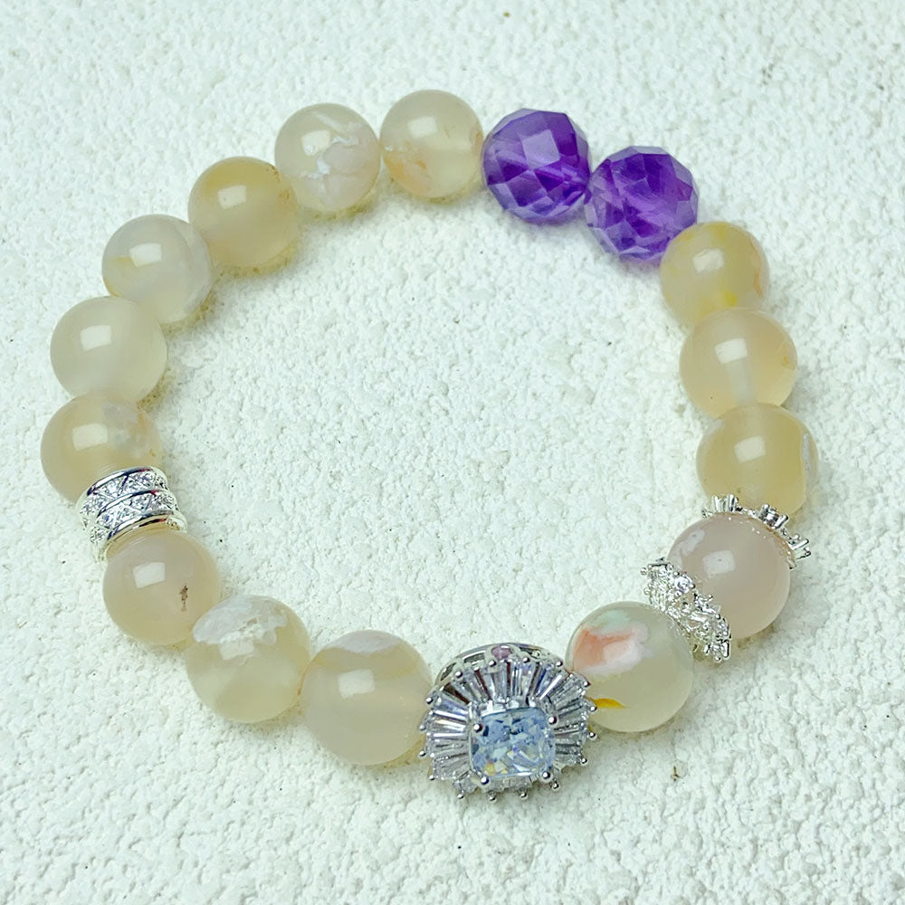 10mm Flower agate Energy Beads Bracelets With Amethyst Beads For Women Energy Healing Jewelry