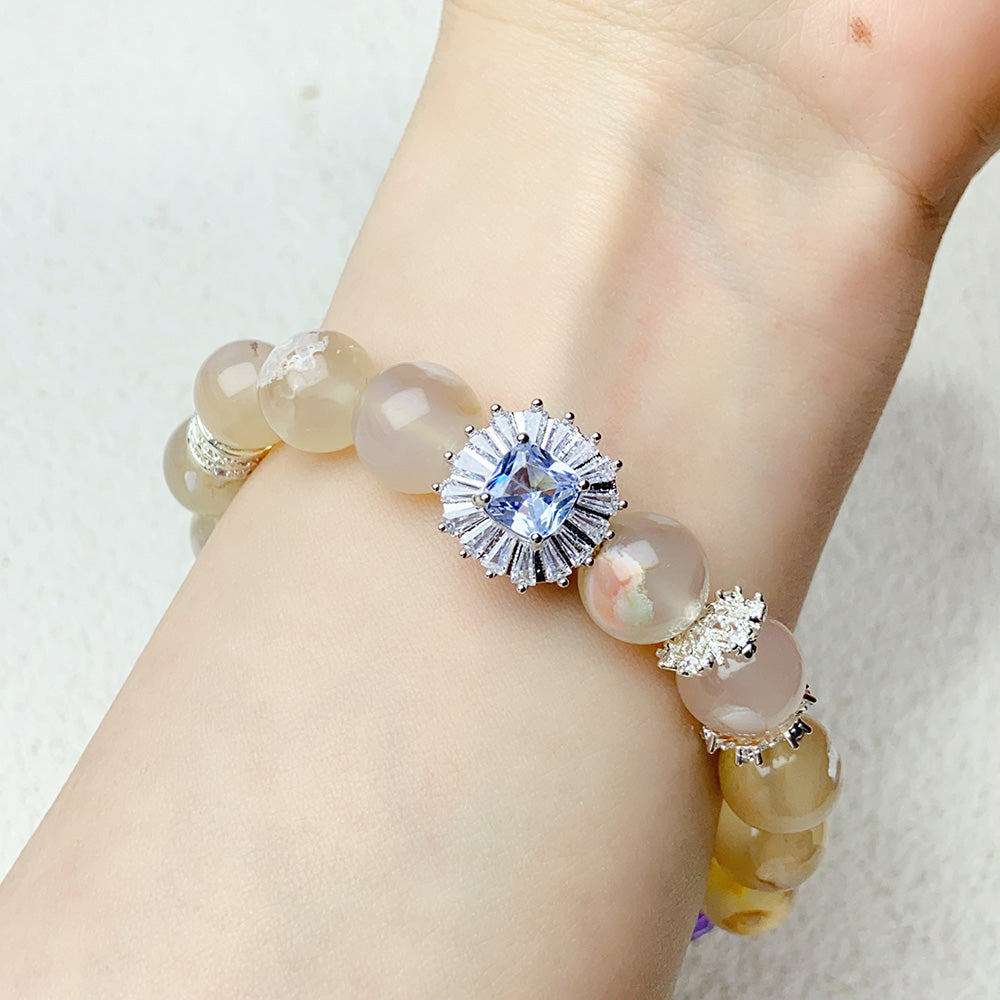 10mm Flower agate Energy Beads Bracelets With Amethyst Beads For Women Energy Healing Jewelry