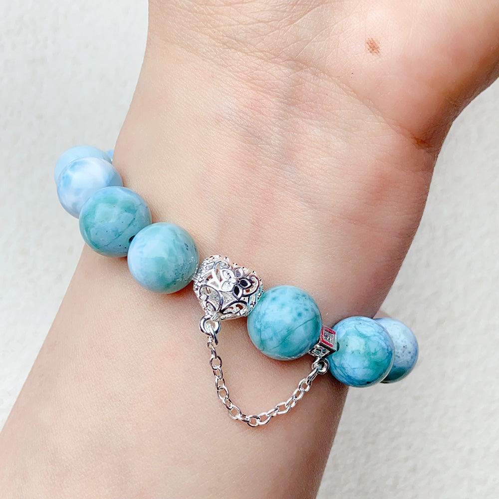 10mm Larimar Bead Bracelets Women Fashion Blue Stone Bracelets Luxury Designer Jewelry Gift