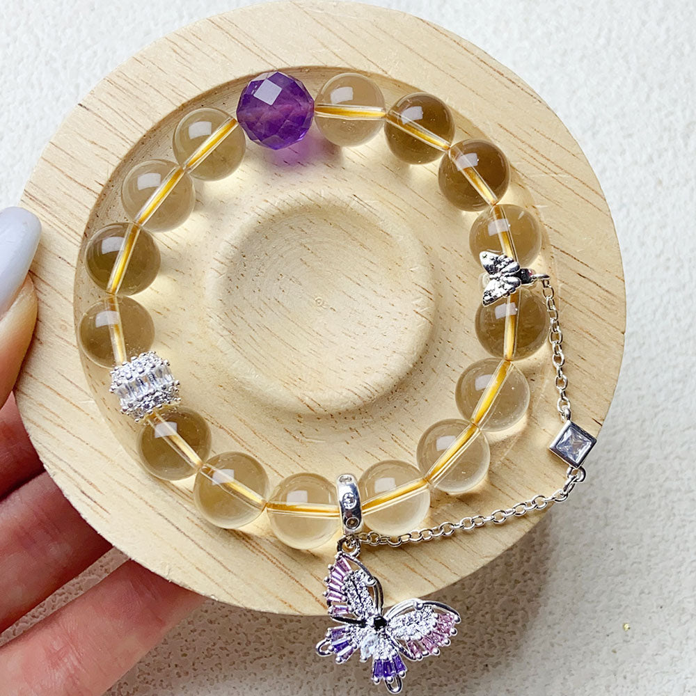 10mm Citrine Bracelet With Amethyst Beads Chain Elastic Bangle Female Fashion Party Jewelry
