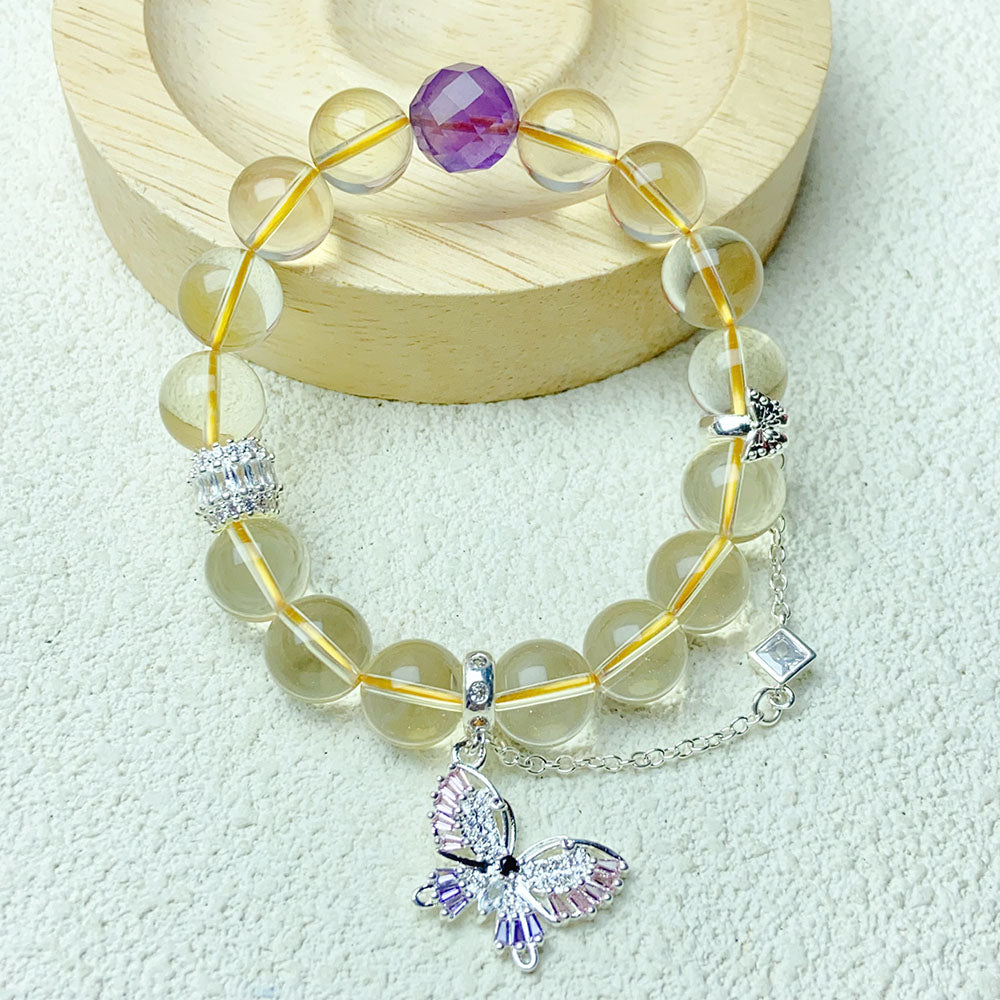10mm Citrine Bracelet With Amethyst Beads Chain Elastic Bangle Female Fashion Party Jewelry