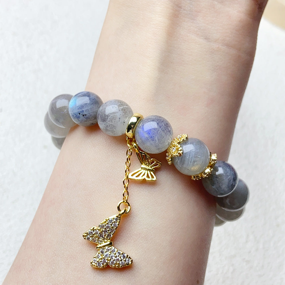 10mm Labradorite Bead Charm Bracelets Women Fashion Blue Light Flash Strand Energy Bracelet