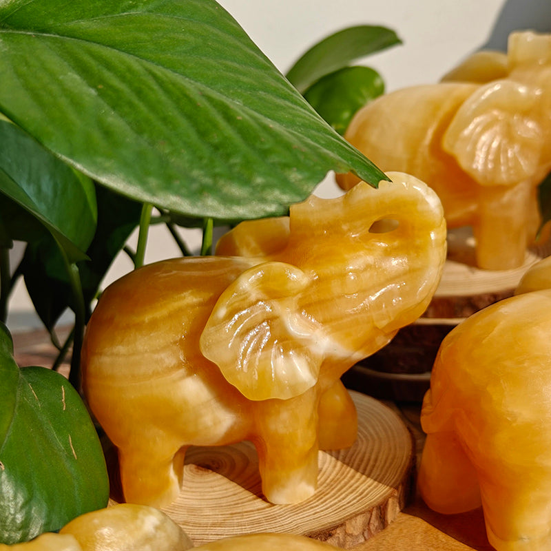 Cute Orange Calcite Elephant Crystal Decoration