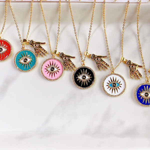 Stainless Steel Evil Eyes Zircon Pendant Enamel Necklace NC0039