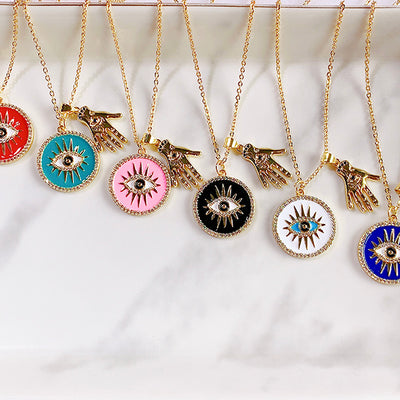 Stainless Steel Evil Eyes Zircon Pendant Enamel Necklace NC0039