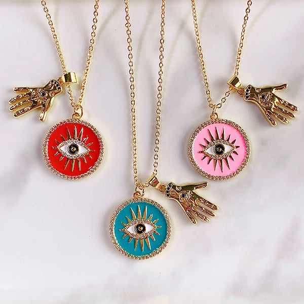 Stainless Steel Evil Eyes Zircon Pendant Enamel Necklace NC0039