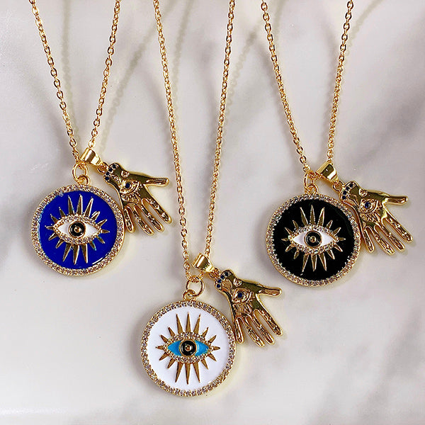 Stainless Steel Evil Eyes Zircon Pendant Enamel Necklace NC0039