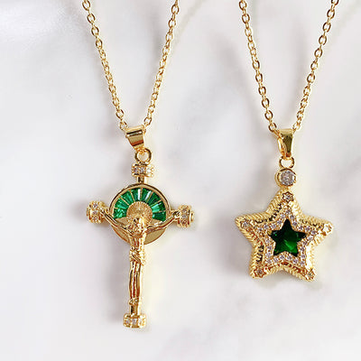 Stainless Steel Evil Eyes Cross Pentastar Pendant Zircon Necklace NC0045