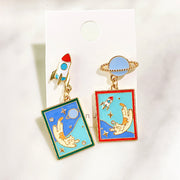 Alloy Cat Rocket Universe Enamel Zircon Asymmetry 925 Silver Earring EC0024