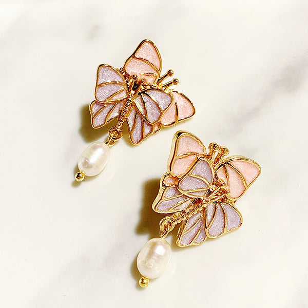 Stainless Steel Butterfly Enamel Imitation Pearl 925 Silver Earring EC0020