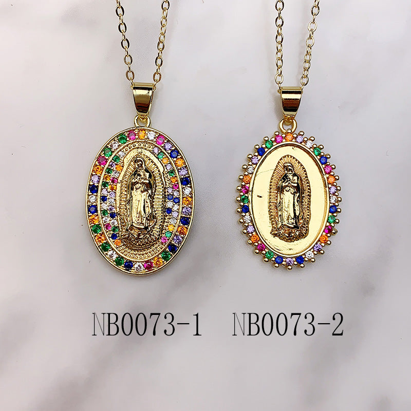 Stainless Steel Virgin Mary Pendant Color Zircon Necklace NB0073