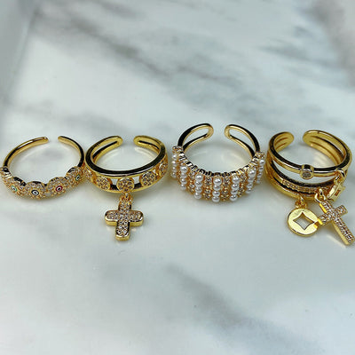 Stainless Steel Evil Eyes Imitation Pearl Cross Openings Ring RE0001