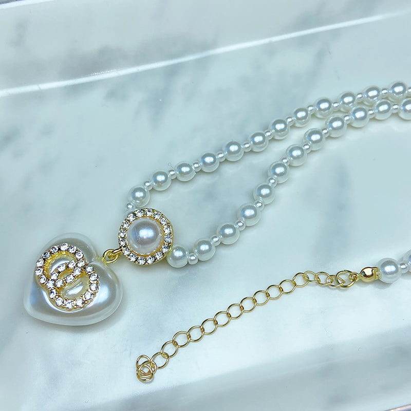 Imitation Pearl Heart Zircon Pendant Necklace NC0071