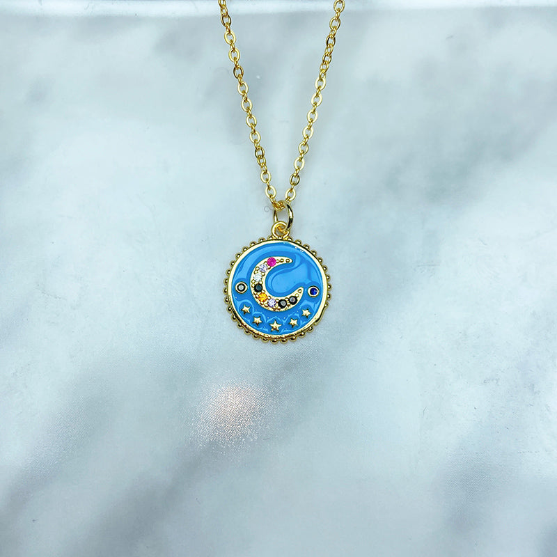 Stainless Steel Enamel Moon Zircon Pendant Necklace NC0067