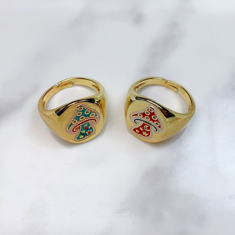 Stainless Steel Mushroom Enamel Zircon Openings Ring RC0005