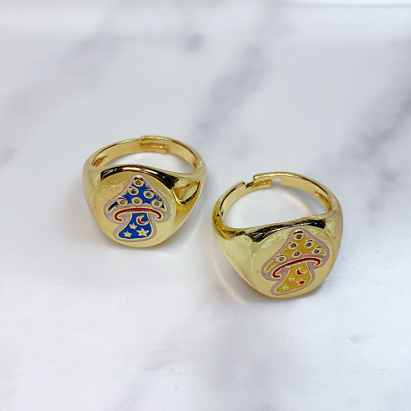 Stainless Steel Mushroom Enamel Zircon Openings Ring RC0005