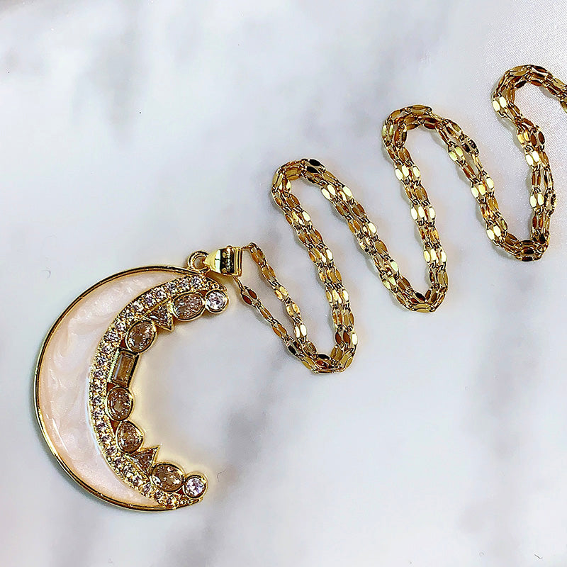 Stainless Steel Zircon Moon Pendant Shell Necklace  NA0075